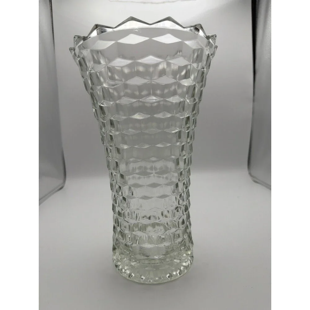 Vintage Clear Pressed Glass Vase Honeycomb Pattern Sawtooth Rim‎ 9.75